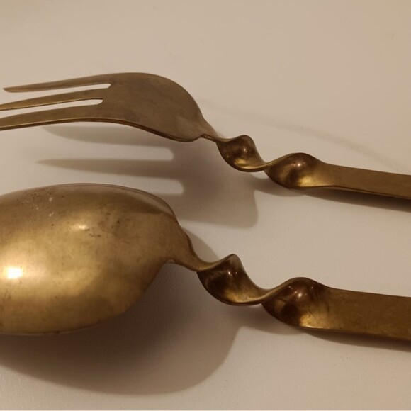 Signed Vintage Bronze Brass Spoon Fork Serving Set - Picture 7 of 8